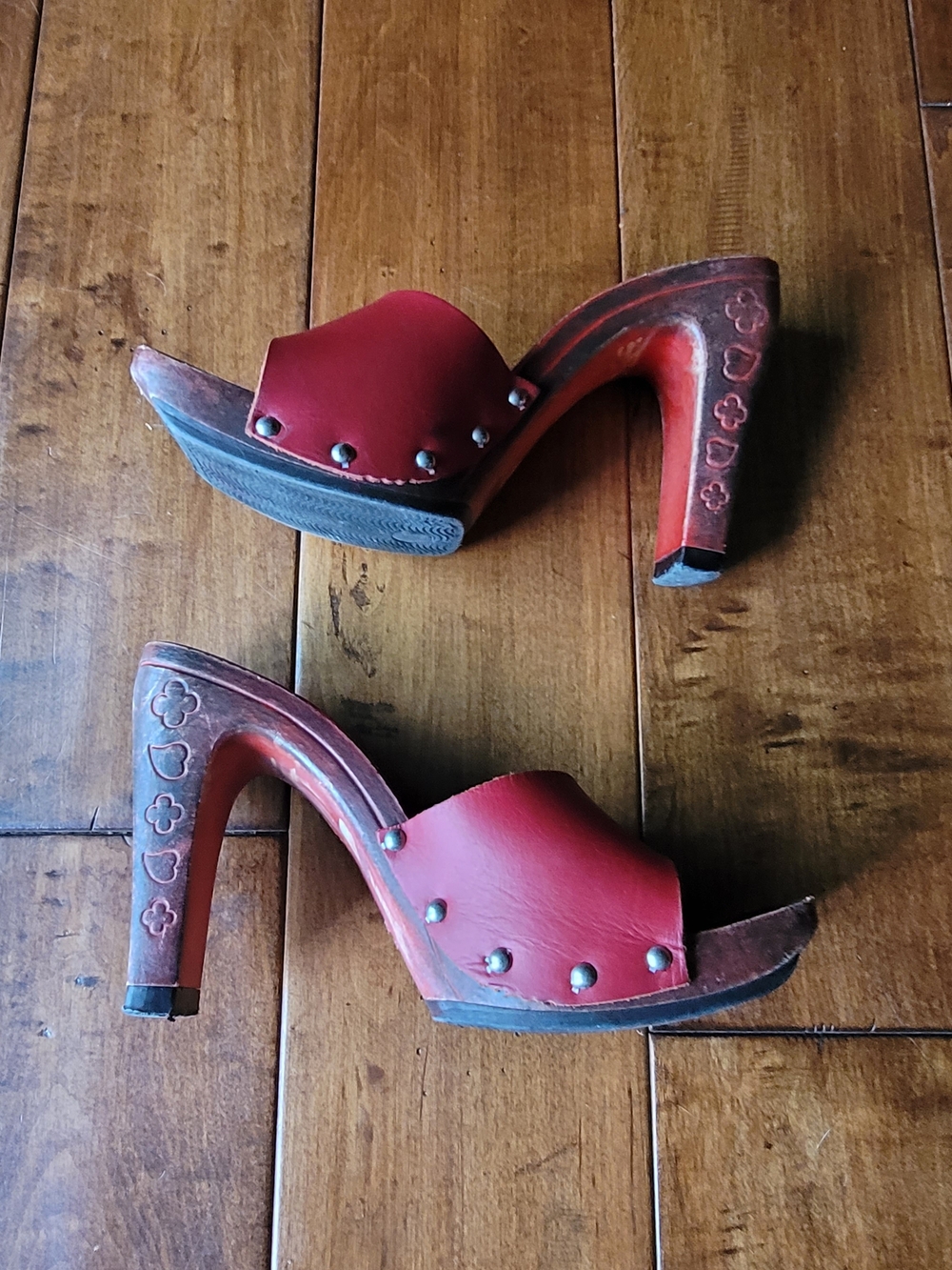 Vintage Bamboo Red Leather Wooden Mules Made In Italy Clog High Heel Slides 70s